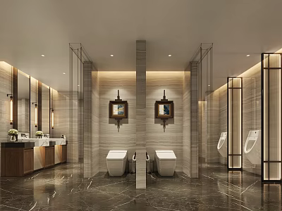 Hotel Bathroom Interior Design With Marble Floors Double Toilets Vanity Mirrors And Modern Lighting 3d model