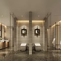 Hotel Bathroom Interior Design With Marble Floors Double Toilets Vanity Mirrors And Modern Lighting