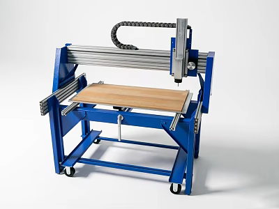 Industrial CNC Router Equipment With Blue Frame Worktable Wooden Board And Movable Wheels 3d model