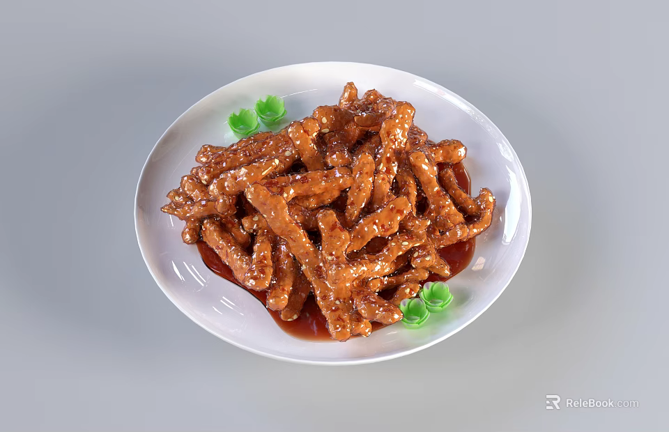 Sweet and Sour Pork Tenderloin with Sesame Seeds Green Garnish and Sauce on White Plate 3d model 
