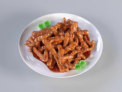 Sweet and Sour Pork Tenderloin with Sesame Seeds Green Garnish and Sauce on White Plate 3d model
