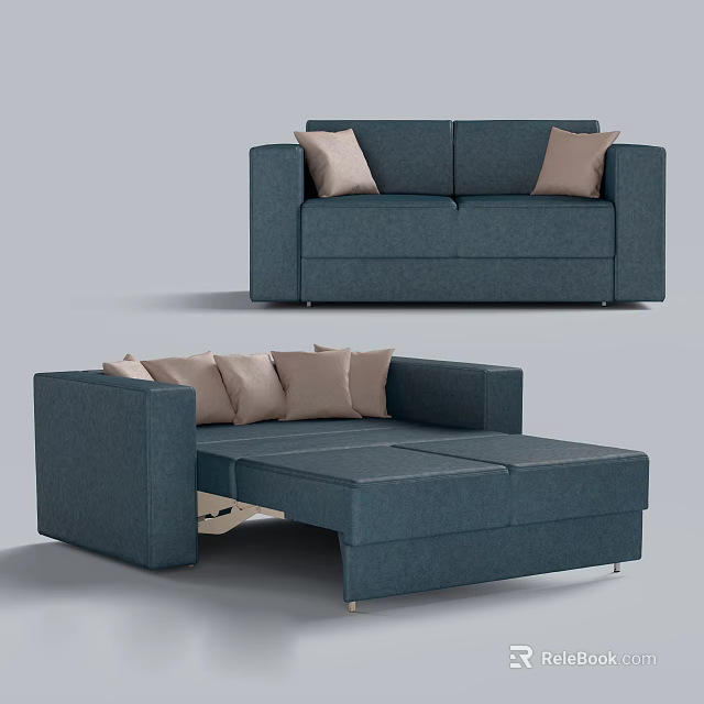 Modern Blue Double Sofa With Beige Pillows Convertible Sofa Bed Design 3d model