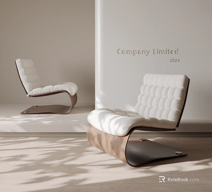 Modern Leisure Chair with Curved Wooden Base and Cream Upholstered Cushioned Seat in Minimalist Style 3d model 
