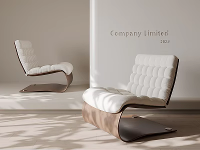 Modern Leisure Chair with Curved Wooden Base and Cream Upholstered Cushioned Seat in Minimalist Style 3d model