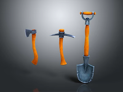 Set of Three Hand Tools with Orange Handles Including Axe Pickaxe and Shovel 3d model