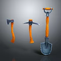 Set of Three Hand Tools with Orange Handles Including Axe Pickaxe and Shovel