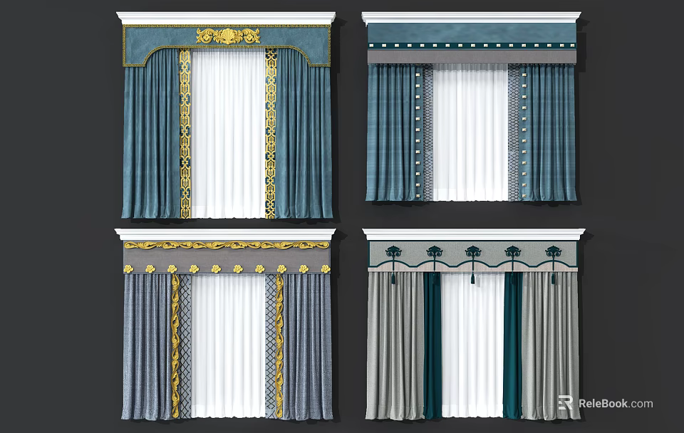 Elegant Curtains With Various Ornate Valances Fringe Details And Designs 3d model 