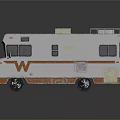 White And Orange Bus With Roof Rack And Front W Logo Parked On Reflective Floor