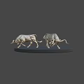 Three Silver Bull Sculptures On Black Circular Platform With Dark Background