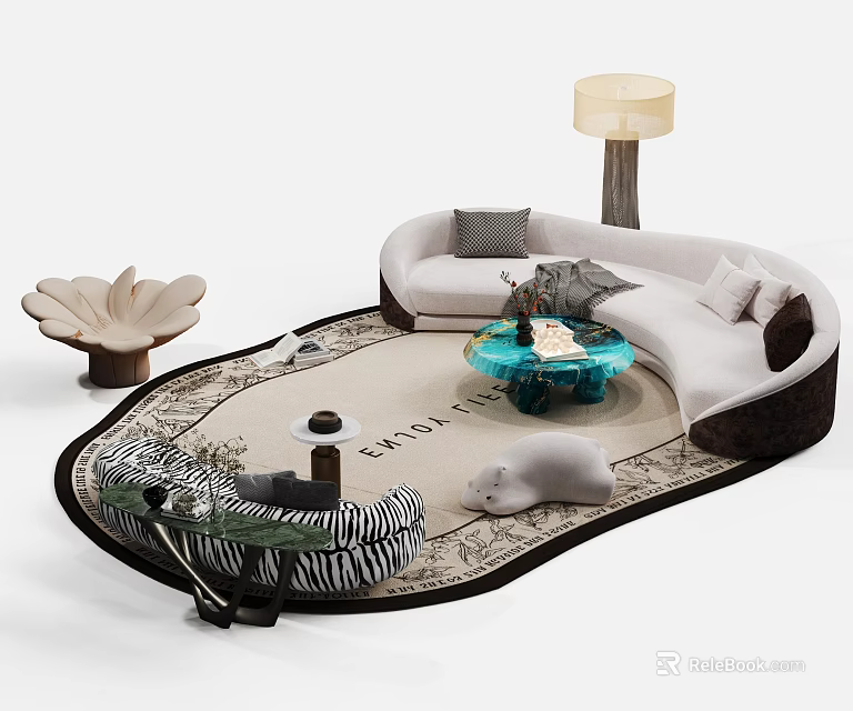 Curved Sofa and Glass Coffee Table Set with Blue Top Pillows and Floor Lamp on Rug 3d model 