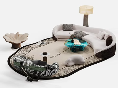 Curved Sofa and Glass Coffee Table Set with Blue Top Pillows and Floor Lamp on Rug 3d model