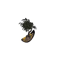 Artistic Pine Bonsai Tree With Curved Trunk Exposed Roots And Golden Pebbles In Black Pot