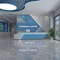 Modern Swimming Center Reception Area With Blue White Design Marble Floor And Swimming Posters