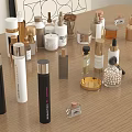 Elegant Perfume And Cosmetic Bottles With Luxury Packaging On Wooden Table