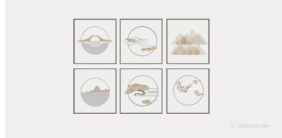Minimalist Modern Wall Decor Set with Framed Circular Natural Mountain Cloud Patterns 3d model