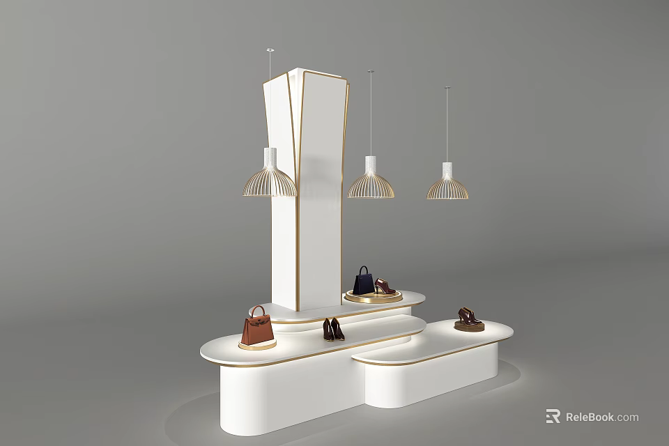 Modern White Display Shelf With Tiered Platforms And Hanging Pendant Lights For Handbags 3d model 