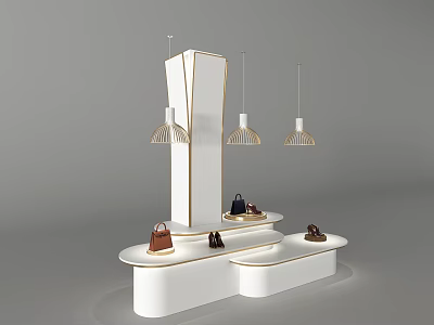 Modern White Display Shelf With Tiered Platforms And Hanging Pendant Lights For Handbags 3d model
