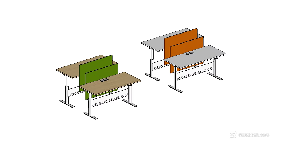 Modern Office Desks With Green And Orange Dividers Wooden Tops And Metal Frames 3d model 