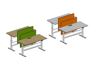 Modern Office Desks With Green And Orange Dividers Wooden Tops And Metal Frames 3d model
