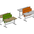 Modern Office Desks With Green And Orange Dividers Wooden Tops And Metal Frames