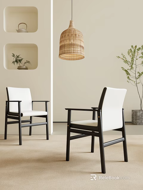 Modern Dining Chairs With White Upholstered Backrest Black Frame In Beige Interior With Plant Decor 3d model 