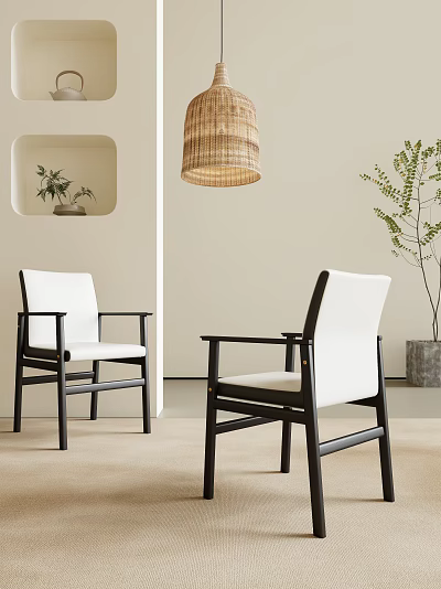 Modern Dining Chairs With White Upholstered Backrest Black Frame In Beige Interior With Plant Decor 3d model