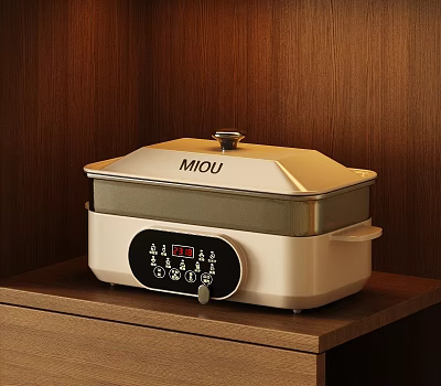 MIQU Multifunctional Electric Kitchen Appliance With Digital Display And Control Knobs On Wooden Cabinet 3d model