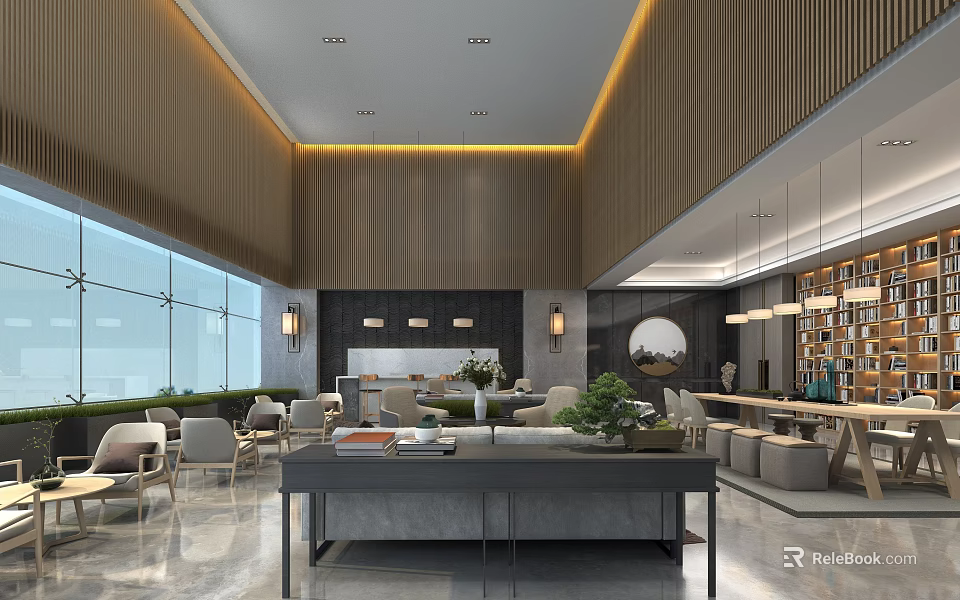 Modern Lounge Area Featuring Large Windows Wooden Decor Sofas Tables Chairs And Green Plants 3d model 