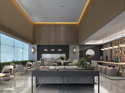 Modern Lounge Area Featuring Large Windows Wooden Decor Sofas Tables Chairs And Green Plants 3d model