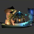 Fantasy Miniature Scene with Tree Stump Structure Vines Dome Hut Blue Glowing Plants Green Leaves