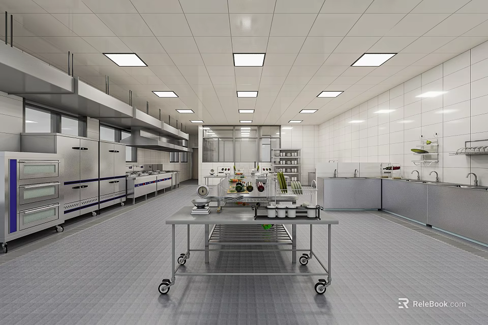 Commercial Kitchen Neat Layout With Stainless Steel Worktable Trolley White Tiled Walls And Recessed Lights 3d model 