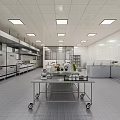 Commercial Kitchen Neat Layout With Stainless Steel Worktable Trolley White Tiled Walls And Recessed Lights