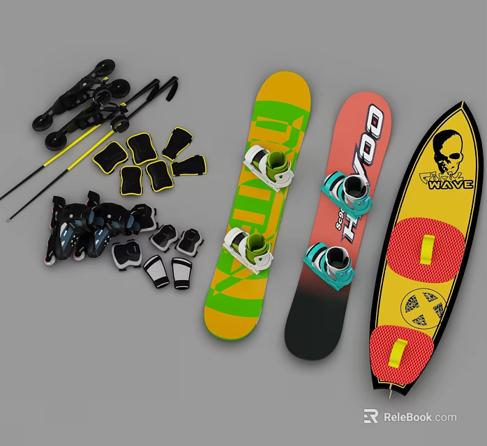 Colorful Snowboarding Equipment Set With Snowboards Poles Boots And Bindings 3d model 