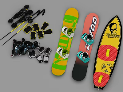 Colorful Snowboarding Equipment Set With Snowboards Poles Boots And Bindings 3d model