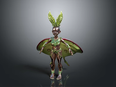 Fantasy Creature 3D Figure With Green Leaf Headdress Gold Accents And Decorative Wings 3d model