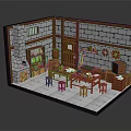 Cartoon Kitchen Interior Scene With Stone Walls Wooden Cabinets Dining Table Chairs And Fireplace