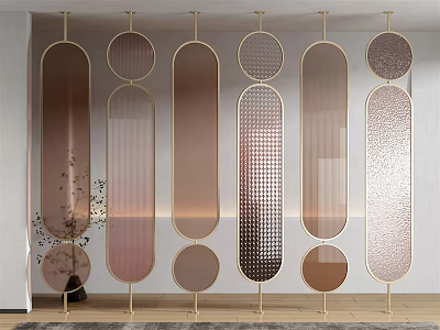Elegant Modern Room Divider With Gold Metal Frame And Oval Textured Glass Panels 3d model