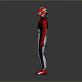 Full Body Racing Character In Red White Blue Suit With Helmet Standing Against Gray Background