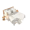 Modern Double Bed With Striped Fringe Bedding Wooden Headboard And Decorative Bowls