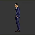 Man in Blue Suit White Shirt Red Tie with Hands in Pockets on Gray Background