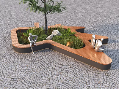 Landscaped Tree Pit Design With Wooden Seats Green Plants Stones And Cobblestone Ground 3d model