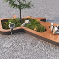 Landscaped Tree Pit Design With Wooden Seats Green Plants Stones And Cobblestone Ground