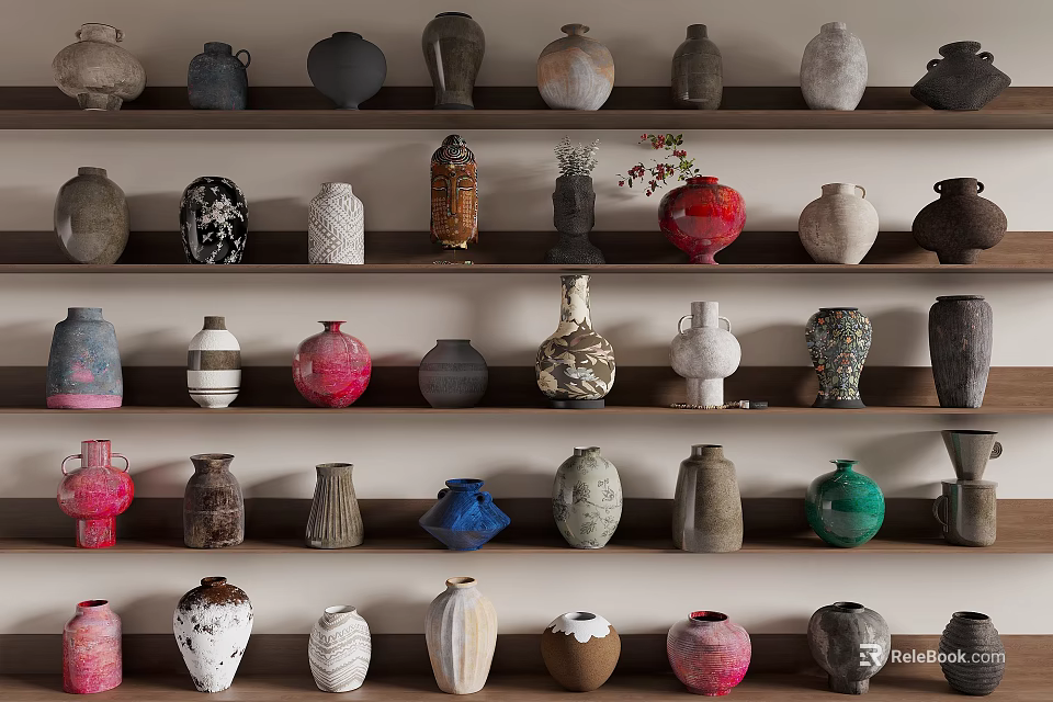 Diverse Ceramic Vessels in Various Shapes and Colors Displayed on Tiered Shelves 3d model 