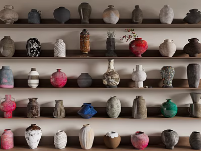 Diverse Ceramic Vessels in Various Shapes and Colors Displayed on Tiered Shelves 3d model