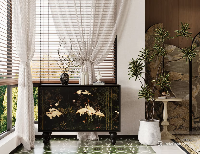 Black Chest of Drawers With White Cranes in Interior With Window Blinds Curtains and Green Plants 3d model 