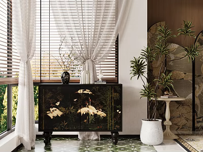 Black Chest of Drawers With White Cranes in Interior With Window Blinds Curtains and Green Plants 3d model