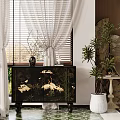 Black Chest of Drawers With White Cranes in Interior With Window Blinds Curtains and Green Plants