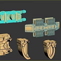 3D Rendered Golden Metal Mechanical Parts Industrial Components Various Shapes