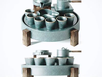 Modern Ceramic Tea Set With Multiple Cups Teapot And Wooden Base Tray 3d model