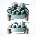 Modern Ceramic Tea Set With Multiple Cups Teapot And Wooden Base Tray 3d model